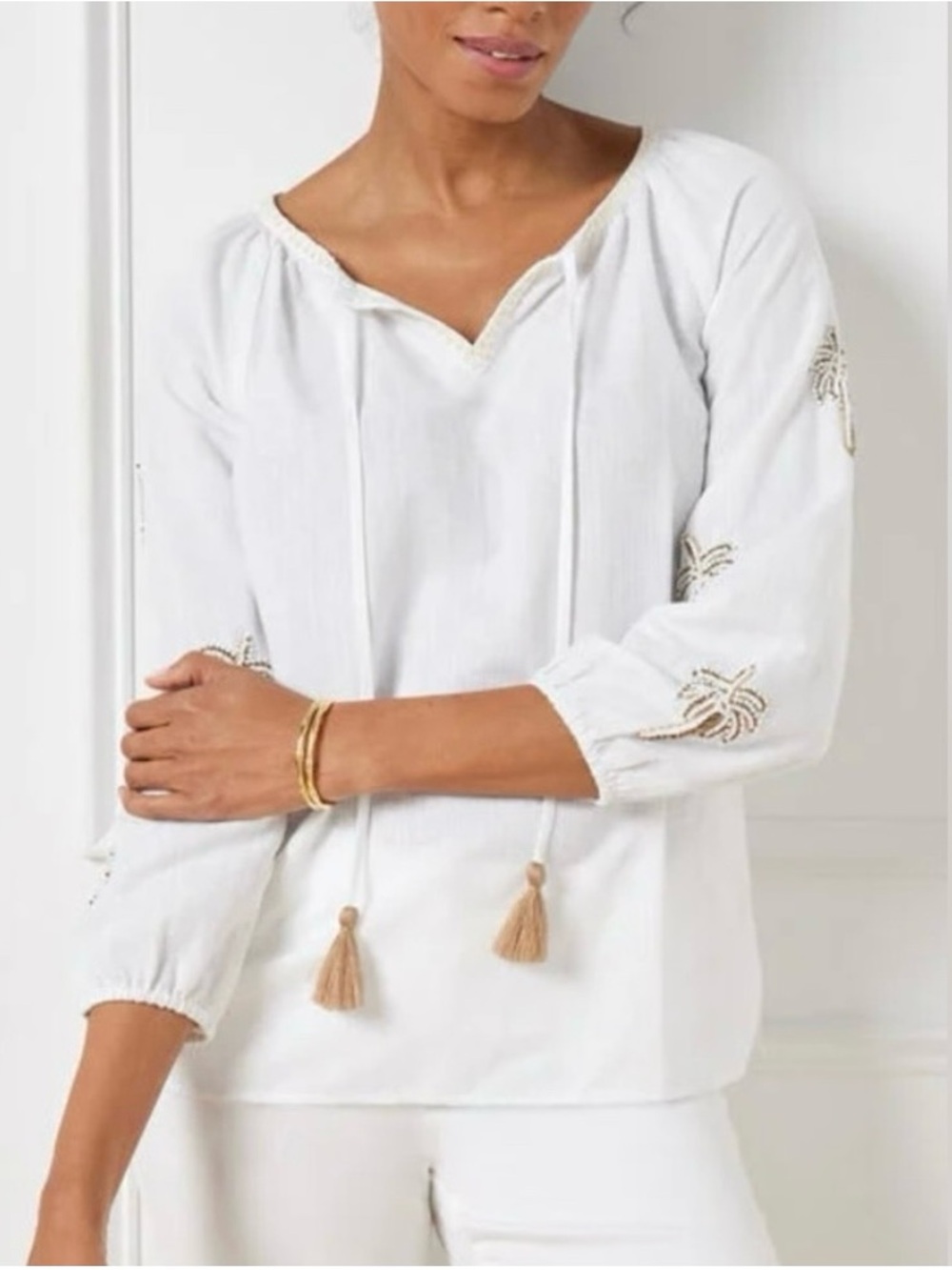 Talbots White Embroidered Peasant Blouse with Tassel Ties
